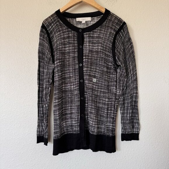 Loft Womens Medium Sweater Cardigan Gray Button 3/4 Sleeve Knit Plaid - Picture 1 of 8